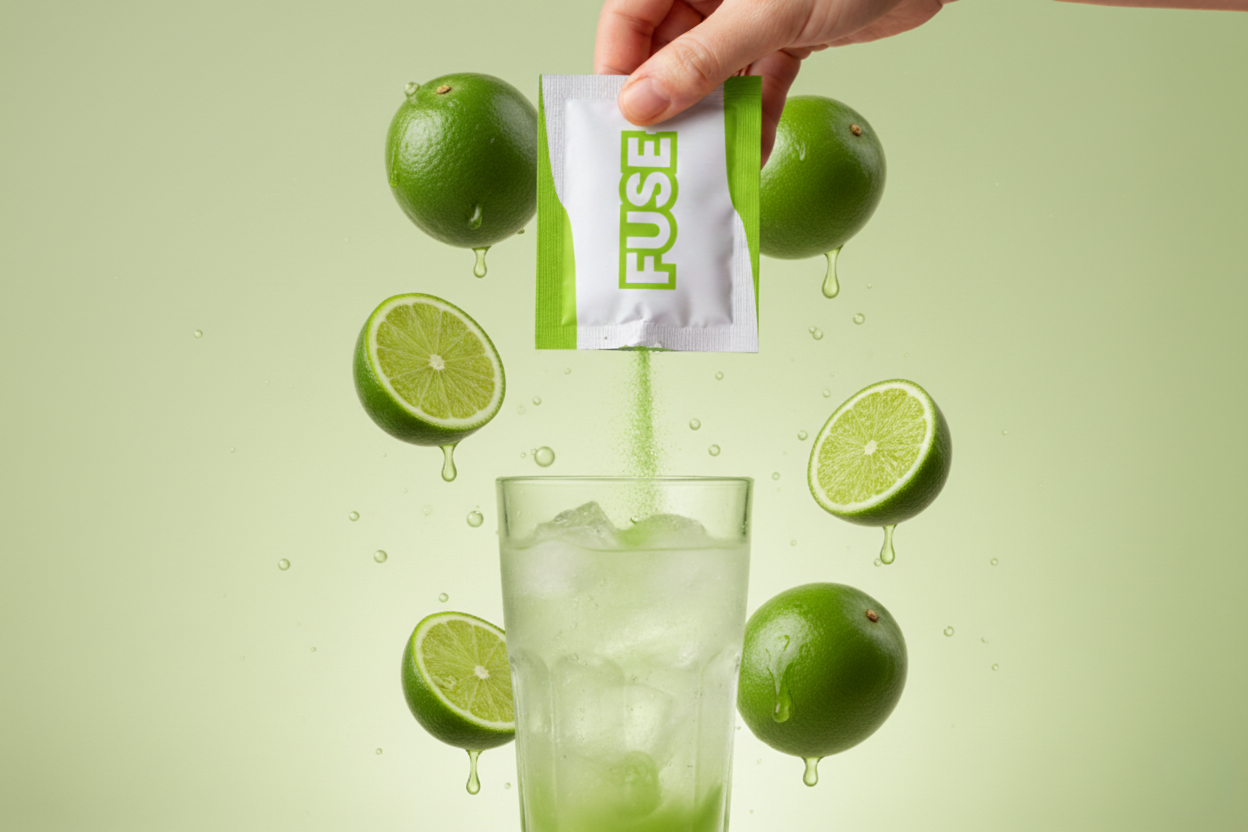 En hånd holder et åbent FUSE Lime-brev, hvor let rødt pulver drysser ned i et iskoldt glas vand, omgivet af små flyvende Limes på en lys grøn baggrund.