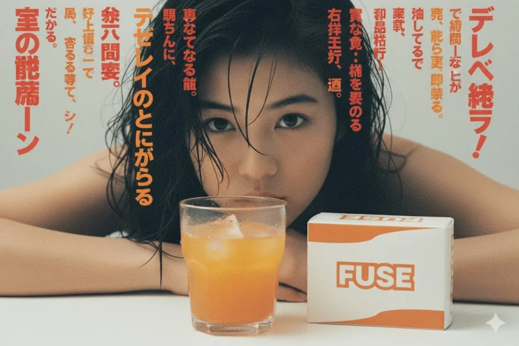 FUSE produkt med isterninger i foran Japansk kvinde med Japansk tekst.